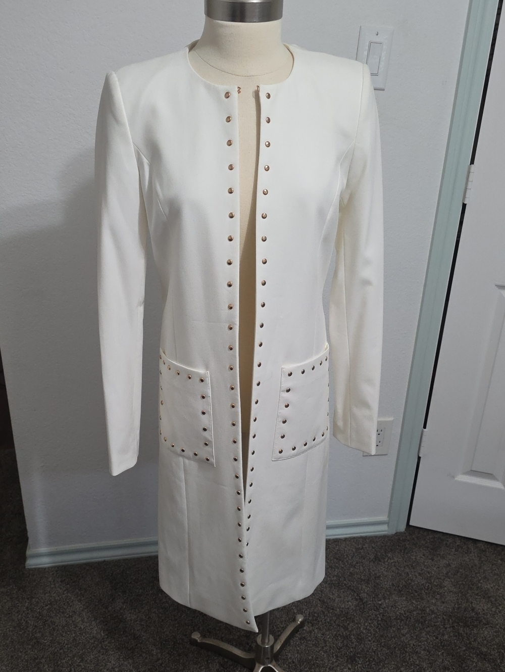 Calvin Klein Ivory Collarless Long Stud-Trim Blazer